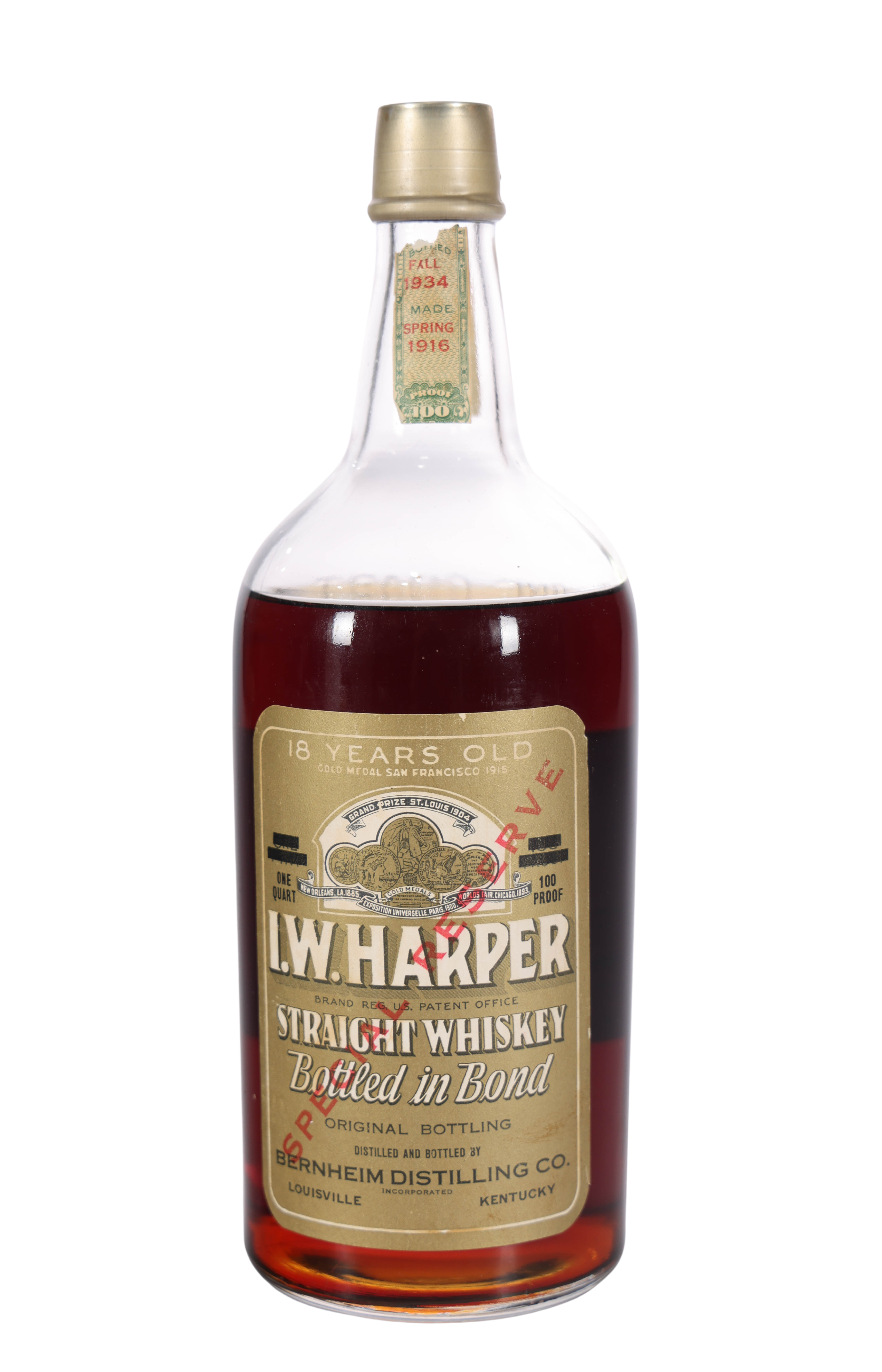 I.W. Harper 'Special Reserve' Bourbon Quart | Bottled in Bond 1916